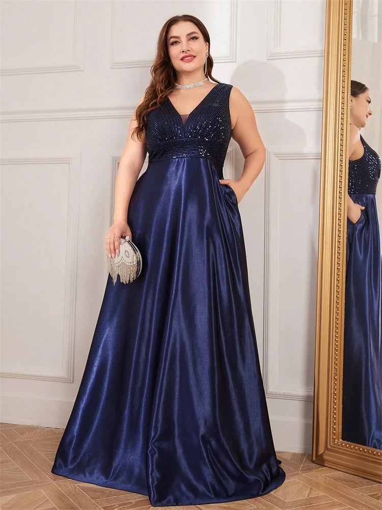 Plus Size Elegant Sequins Evening Dress For Women 2025 Deep V-neck Satin Prom Party Dress Floor Length Formal Gowns