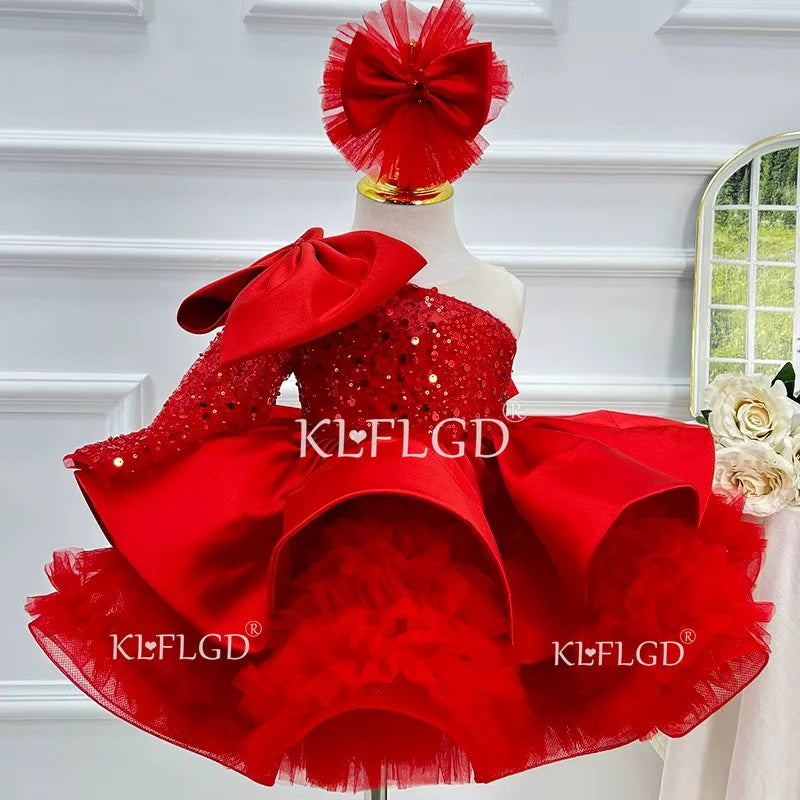 KLFLGDGorgeous and elegant girls dress satin bow girls high-end party evening dress exquisite baby girl one-year-old clothing