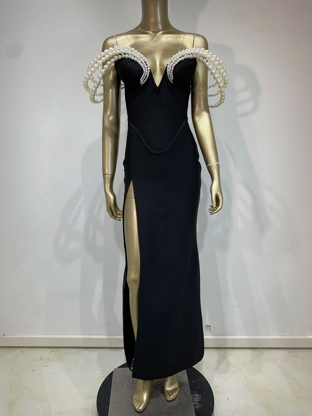 Women Celebrity Sexy Off Shoulder Pearl Black Maxi Long Bandage Bodycon Dress 2025 Elegant Evening Club Party Outfit