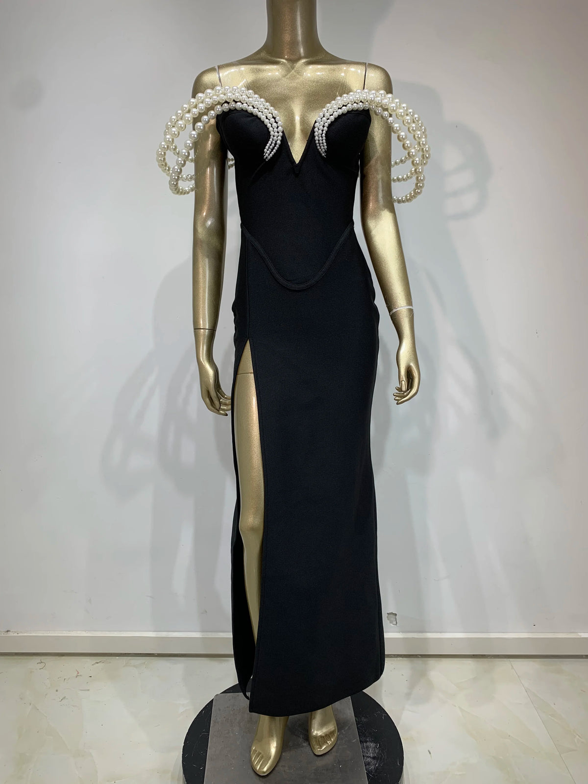 Women Celebrity Sexy Off Shoulder Pearl Black Maxi Long Bandage Bodycon Dress 2025 Elegant Evening Club Party Outfit