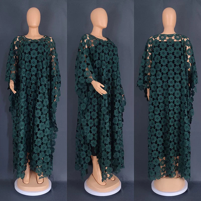 White Lace Hollow Africa Dresses for 2023 Muslim Women Dress African Clothes Dashiki Taditional Boubou Arabic Robe Femme Ramadan