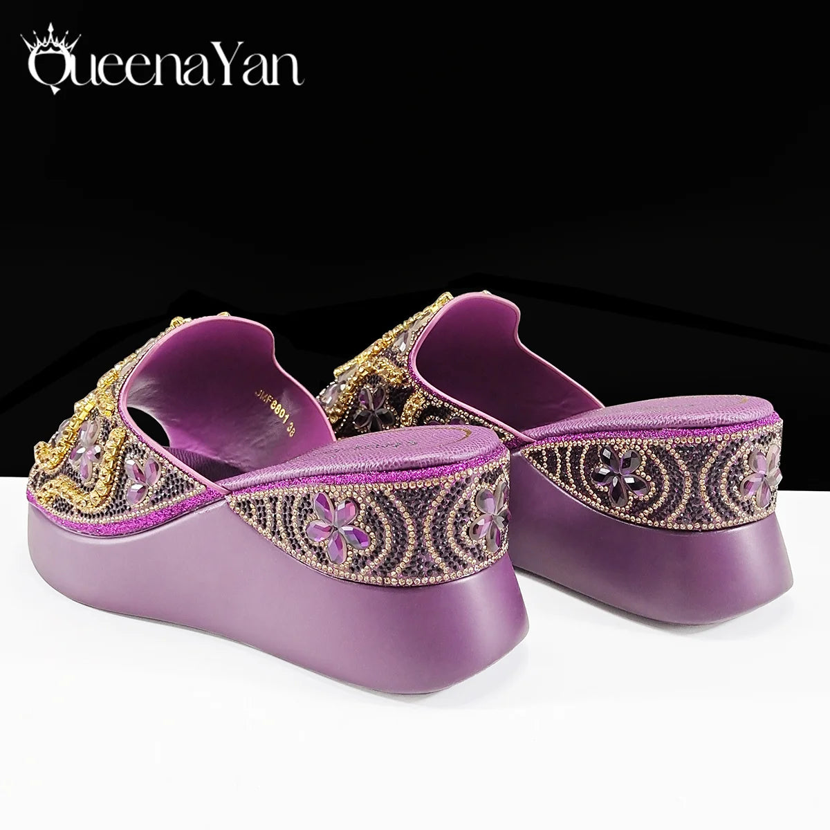 Queena Yan New Arrival Mature Style Platform Design Rhinestone Decoration Peep Toe Lady Shoes and Bag Set for Party Wedding