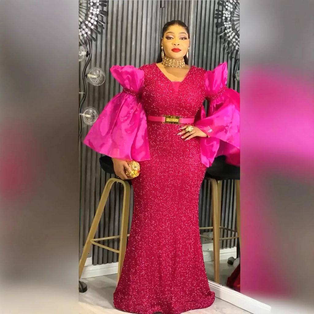 African Party Dresses for Women Elegant Turkey Muslim Wedding Evening Gown Plus Size Dashiki Sequin Sexy Bodycon Long Dress