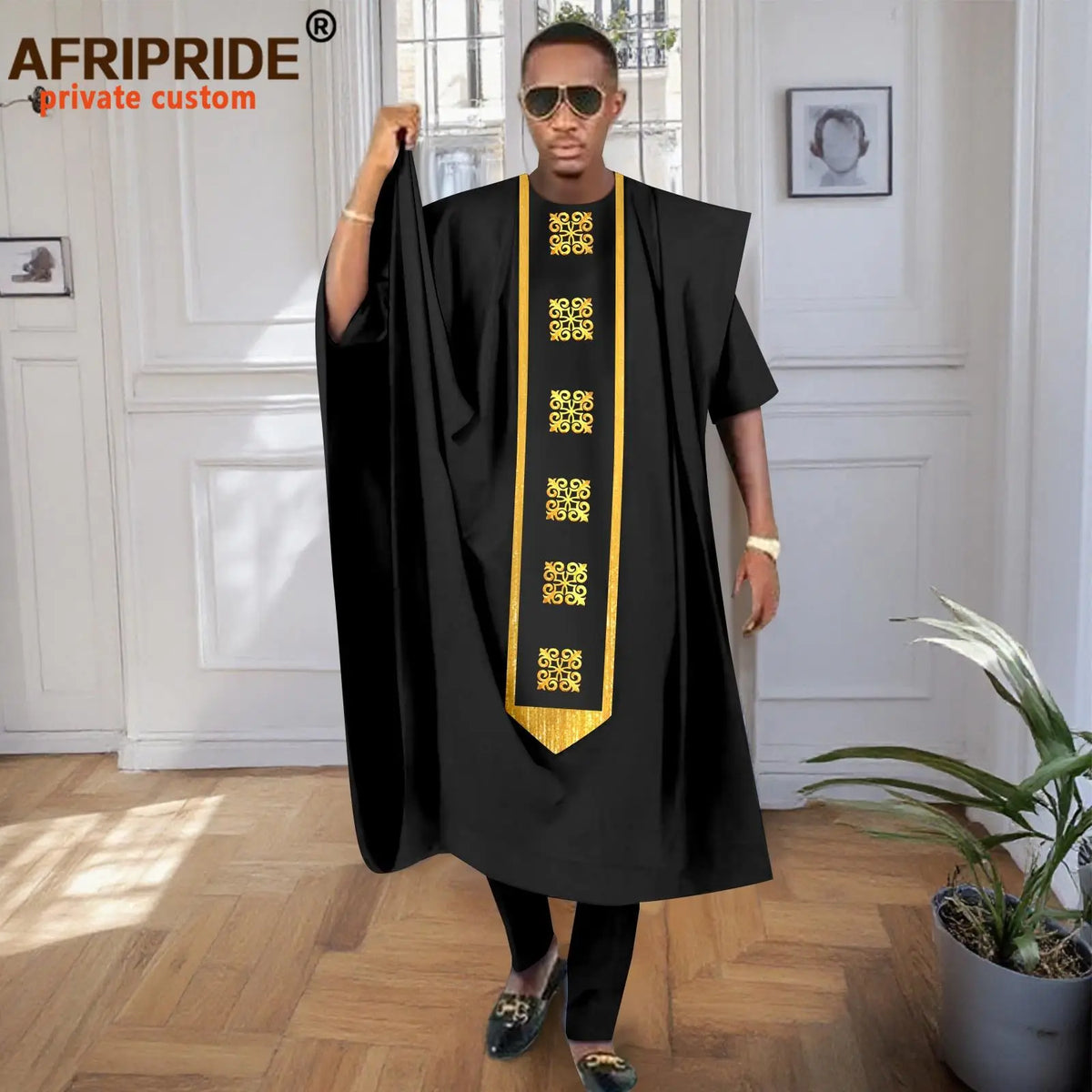 African Men Traditional Clothing Embroidery Agbada Robe Short Sleeve Shirts Pants 3 Piece Set Tribal Outftis for Wedding 2516078