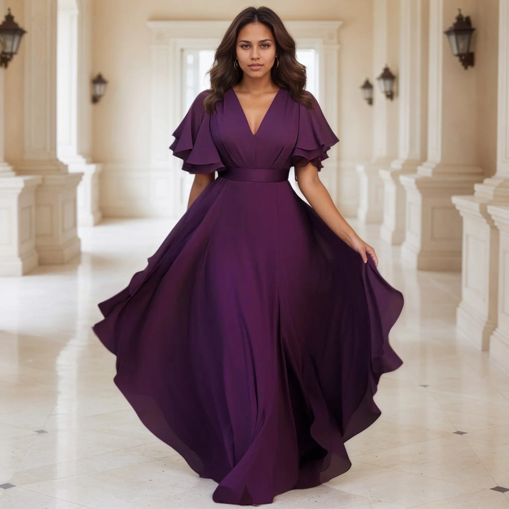 Women Plus Size Chiffon Dress Ruffle Sleeve Sexy V-Neck Purple Solid Pleated A-Line Elegant Party Club Wedding Guest Maxi Dress