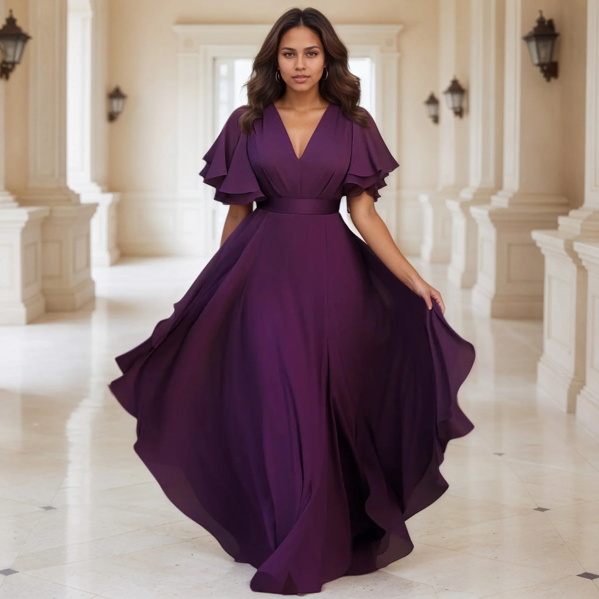 Women Plus Size Chiffon Dress Ruffle Sleeve Sexy V-Neck Purple Solid Pleated A-Line Elegant Party Club Wedding Guest Maxi Dress