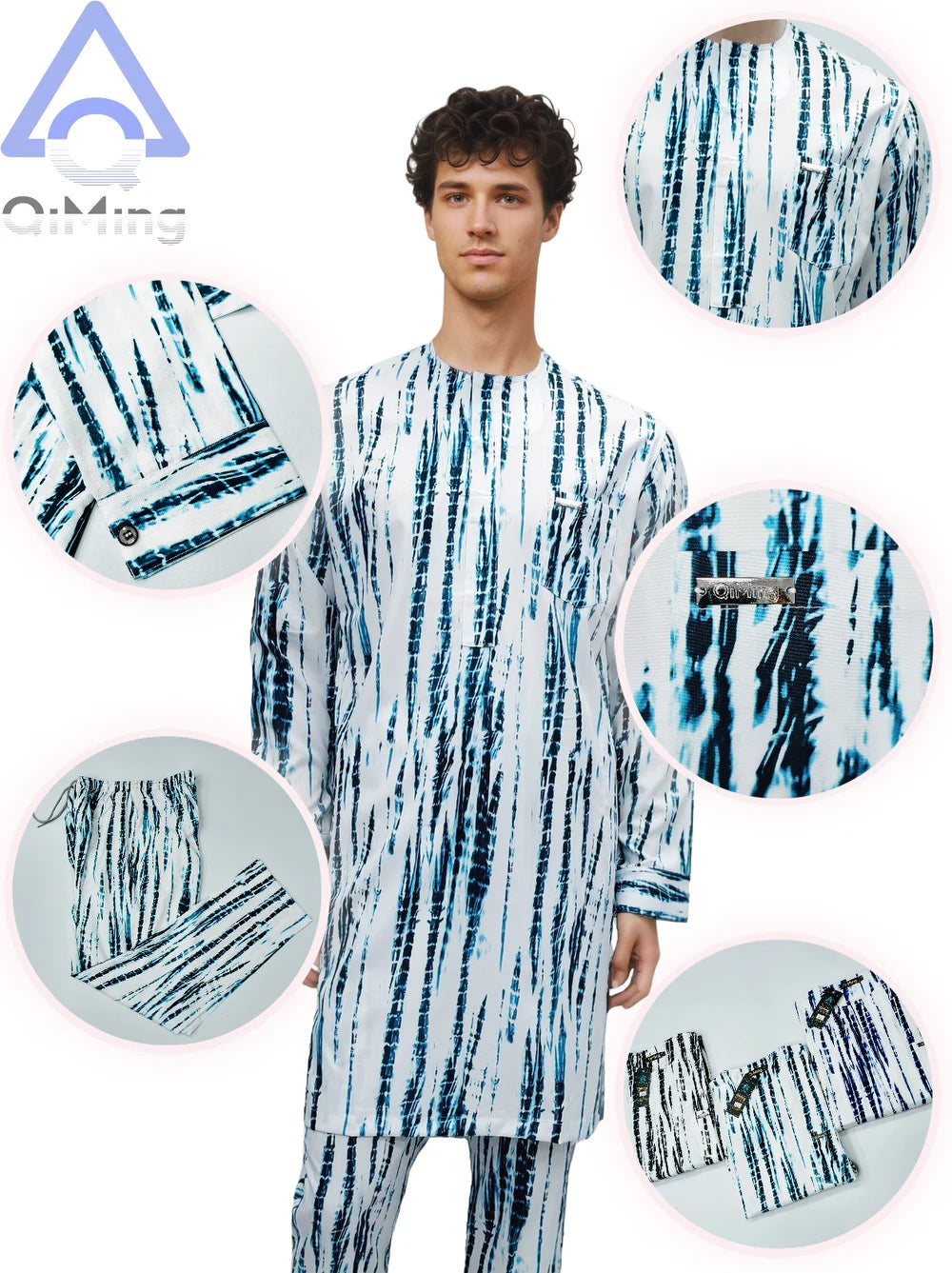 African Muslim Men's Fashion Clothing 2 Pieces White Color-Blocking Tie-Dyeing Printing Modern Prayer Moroccan Islamic Dress
