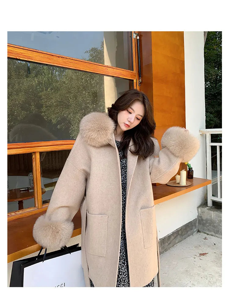 Faced Wool Ladies Winter Jacket Hooded coats Women Luxurious Real Fox Fur Coat Lose Clothing Cashmere Double