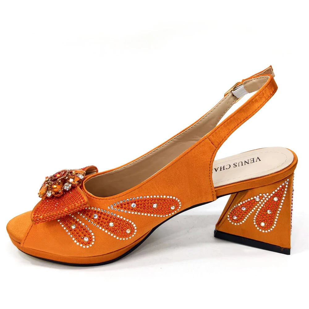 Venus Chan Italian Shoes and Bags Matching Set 2024 Peep Toe High Heels Peach Colour Bow Rhinestones Women Shoes for Party