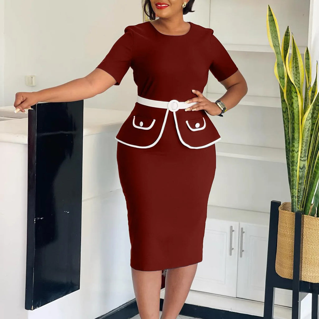 Elegant Fashionable Stretchy Short Sleeve Wrap Body Midi Dress Large Size African Style Commute Dress High Waist Skirt