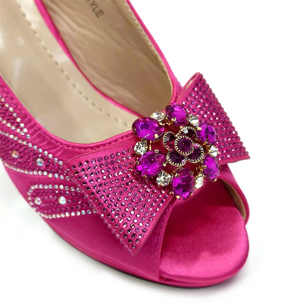 Venus Chan Italian Shoes and Bags Matching Set 2024 Peep Toe High Heels Peach Colour Bow Rhinestones Women Shoes for Party