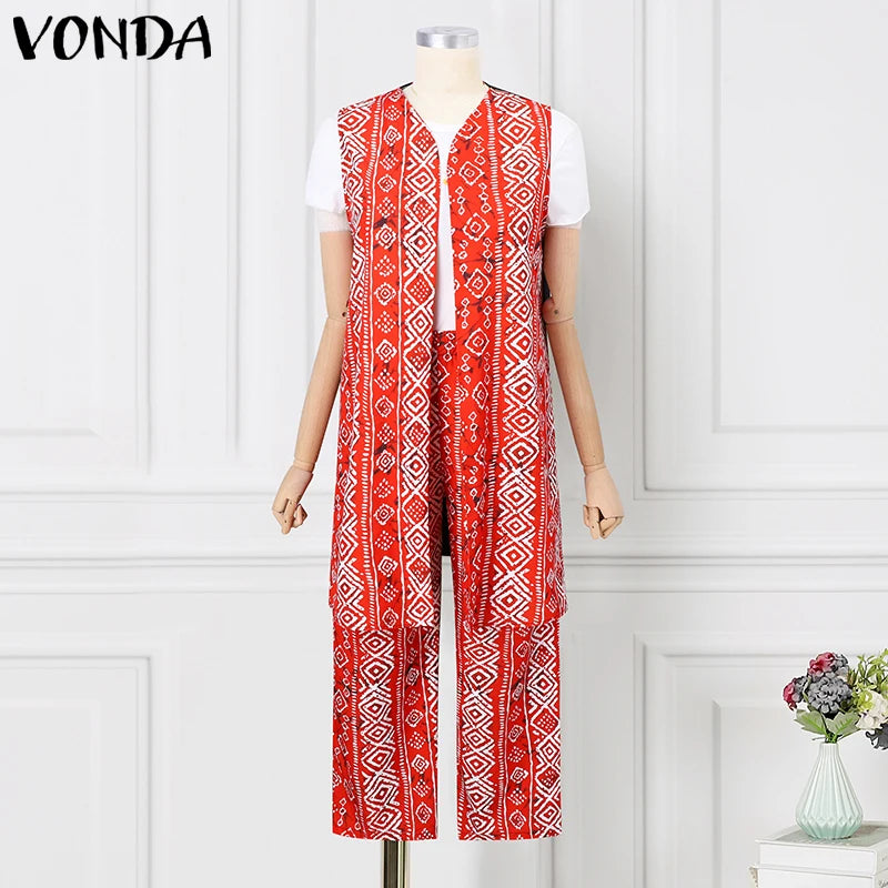 VONDA Plus Size Women Sexy Sleeveless Wide Leg Pants Sets 2024 Summer Vintage Tops Sets Bohemian Printed Suits Elegant Outfits