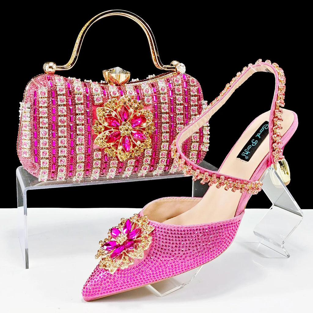 African Special Banquet Elegant Style Silver Color Party Wedding Pointed Toe  Heel Women Shoes and Bag Set With Rhinestone