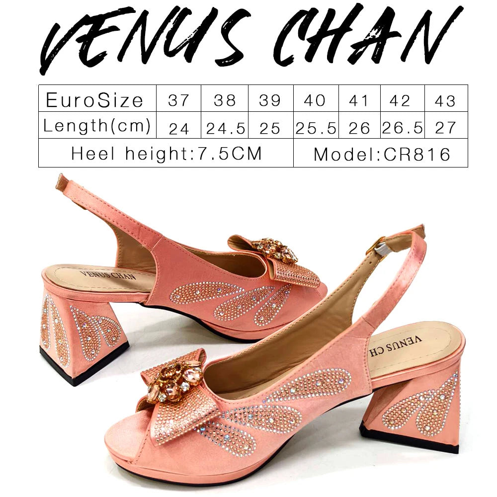 Venus Chan Italian Shoes and Bags Matching Set 2024 Peep Toe High Heels Peach Colour Bow Rhinestones Women Shoes for Party