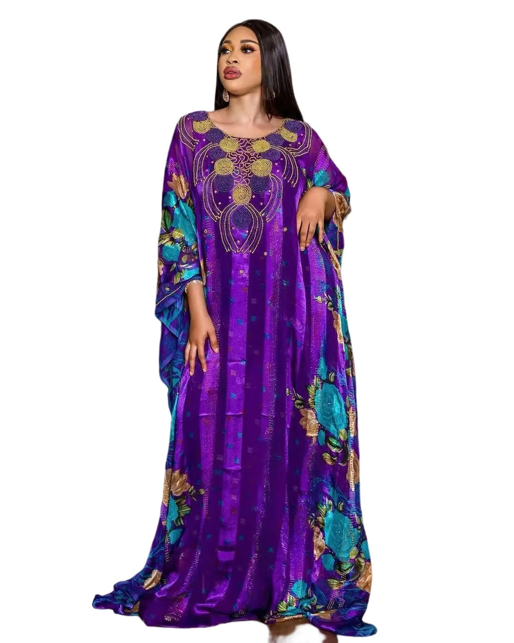 Dashiki African Dresses for Women Spring Summer African 3/4 Sleeve Sequined Printing Long Dress Muslim Abaya African Clothes