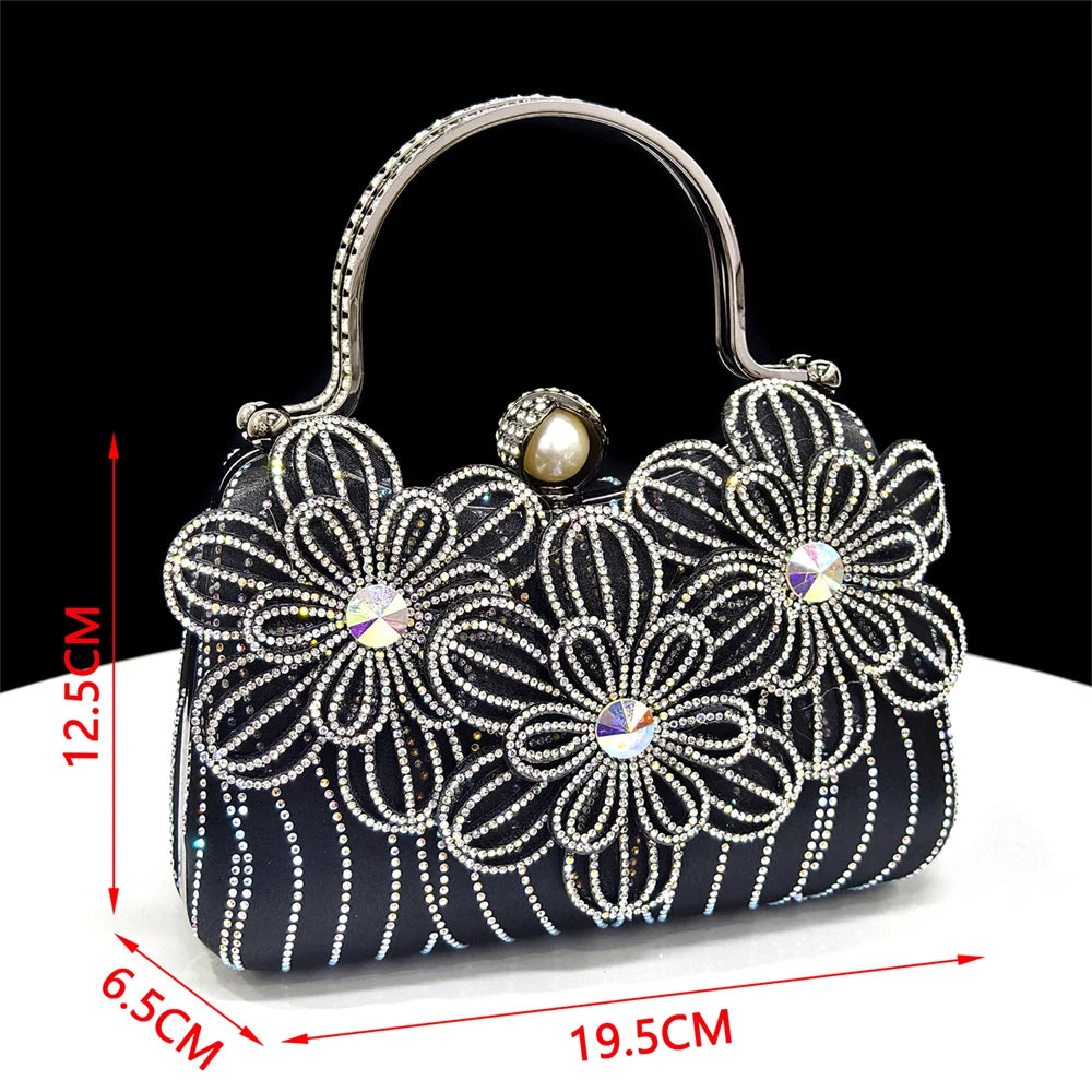 2026 New Elegant Italian Women's Black Heels with Rhinestones and Floral Accents & Matching Clutch Bag Set – Ideal for Parties
