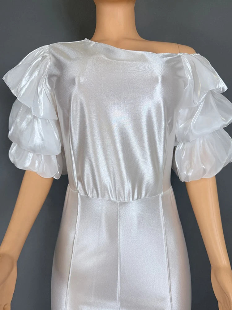 Satin Jumpsuit Woman High Quality Slash Neck Puff Sleeves Party Jumpsuits Woman Elegant Luxury Curvy Evening Jumpsuit Dress