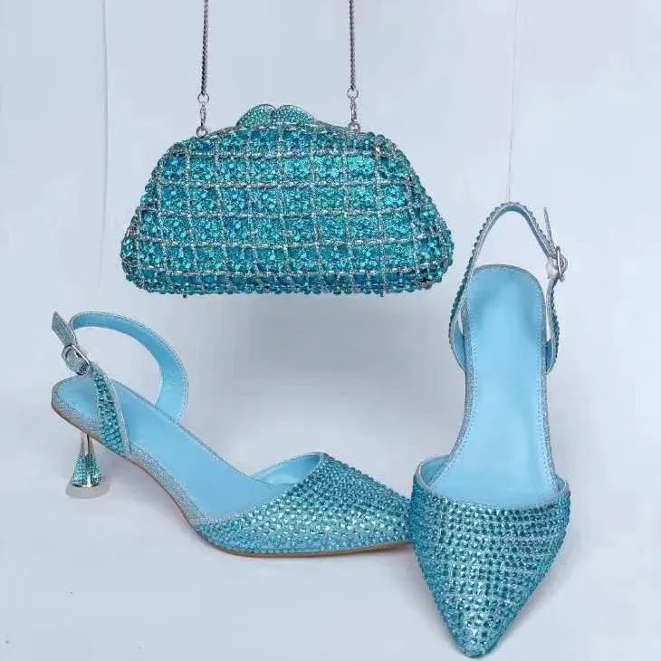 Women's Blue Color Rhinestones high heeled Shoes With Heart Clutch Diamond high-heeled Stiletto sandals For Wedding