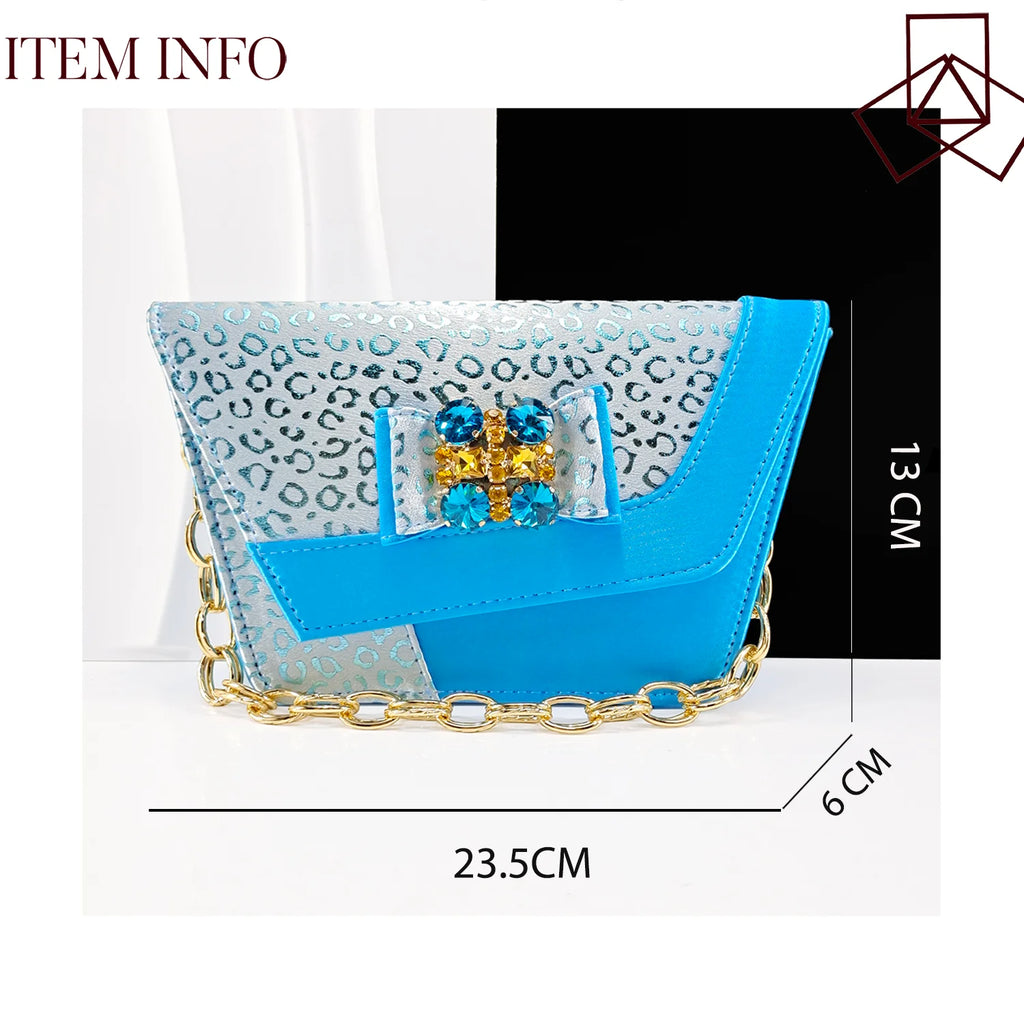 Queena Yan Light Blue Elegant Italian Rhinestone Wedding Shoe and Bag Set -Women Heels and Matching Handbag for Party