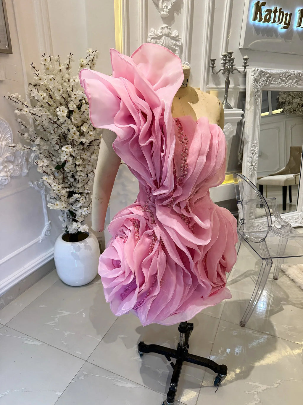 Asymmetric Mesh Ruffle Mini Cocktail Dress One Shoulder Chiffon Beaded Summer Party Dress Puffy Tiered Floral Short Prom Gowns