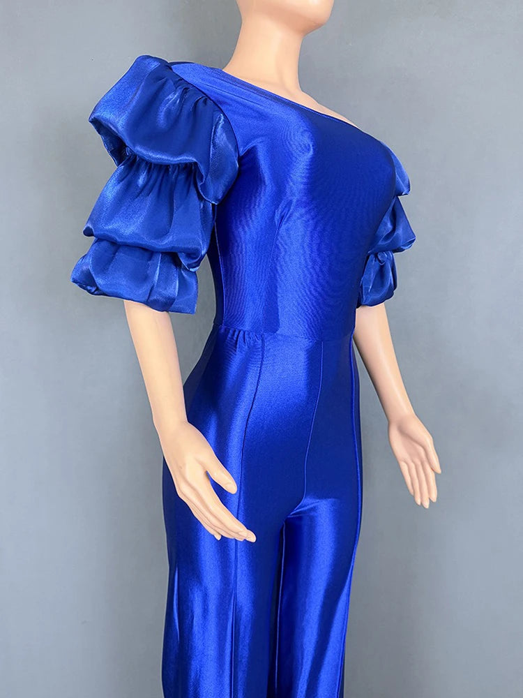 Satin Jumpsuit Woman High Quality Slash Neck Puff Sleeves Party Jumpsuits Woman Elegant Luxury Curvy Evening Jumpsuit Dress