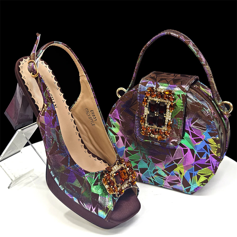 Venus Chan 2025 INS Orange Color Elegant Women Shoes and Bag Set Decoration Rhinestones Square Head Women High Heels Shoes