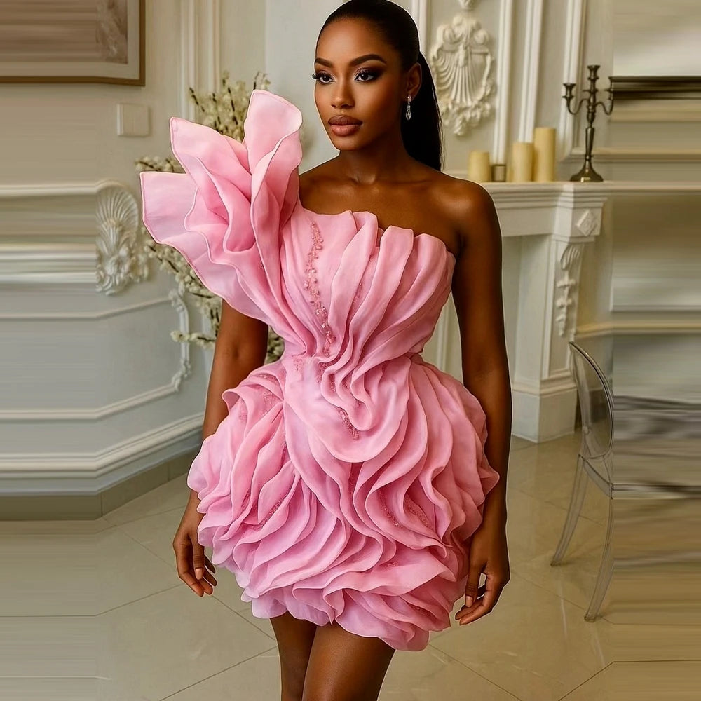 Asymmetric Mesh Ruffle Mini Cocktail Dress One Shoulder Chiffon Beaded Summer Party Dress Puffy Tiered Floral Short Prom Gowns
