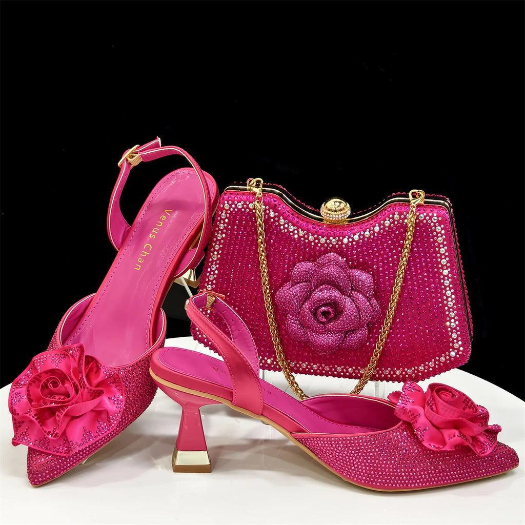 Shiny Fuchsia Color Shoes and Bag Elegant Handbags and Medium Heel Shoes Beautiful Handmade Flowers For Wedding Party