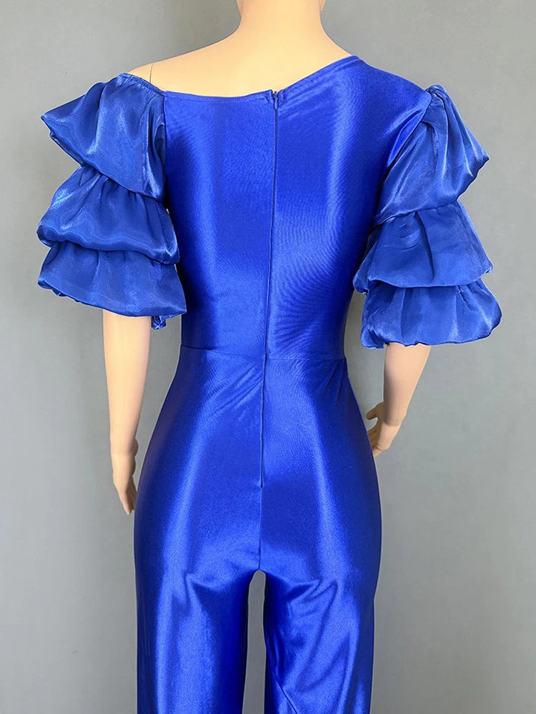Satin Jumpsuit Woman High Quality Slash Neck Puff Sleeves Party Jumpsuits Woman Elegant Luxury Curvy Evening Jumpsuit Dress