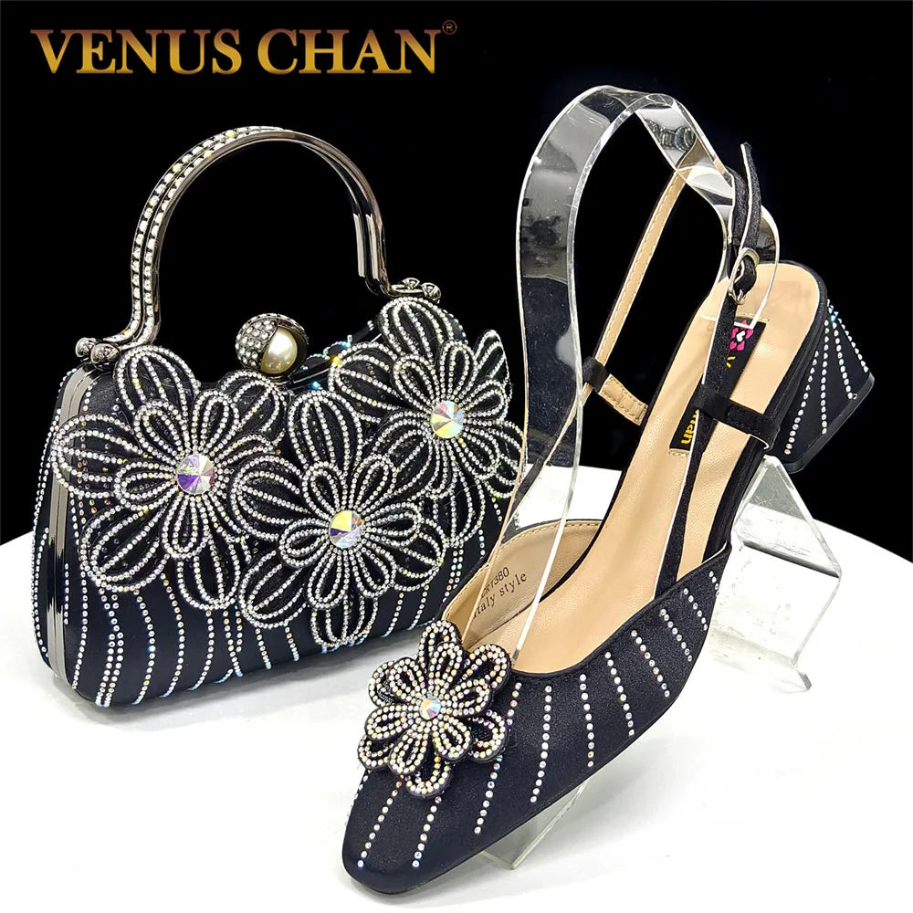 2026 New Elegant Italian Women's Black Heels with Rhinestones and Floral Accents & Matching Clutch Bag Set – Ideal for Parties