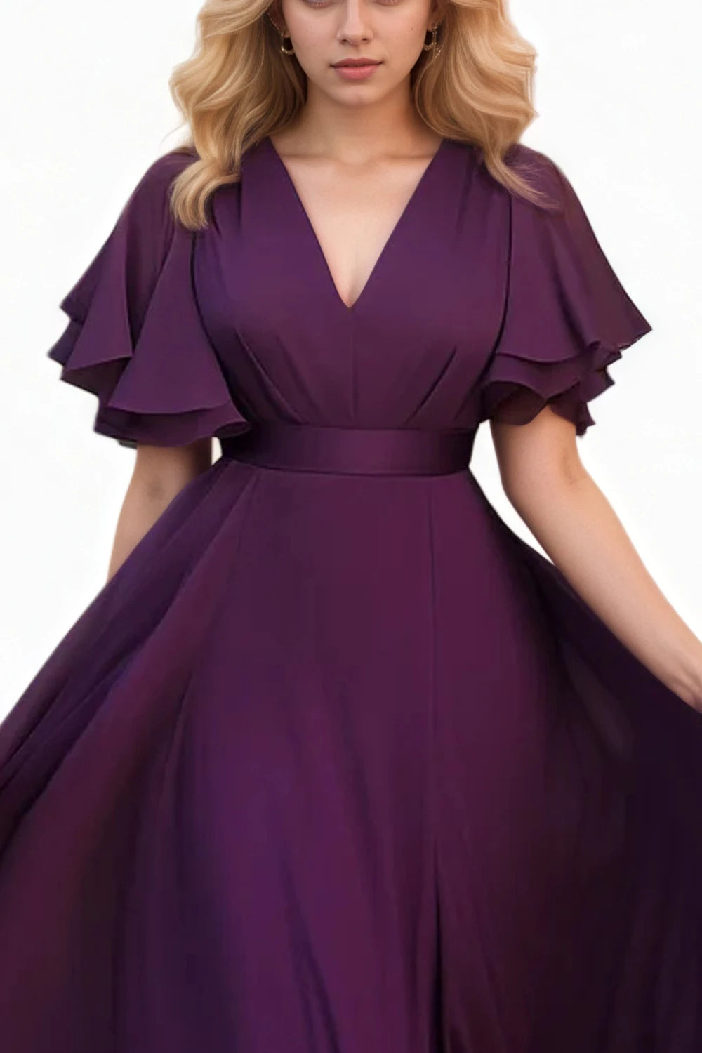 Women Plus Size Chiffon Dress Ruffle Sleeve Sexy V-Neck Purple Solid Pleated A-Line Elegant Party Club Wedding Guest Maxi Dress