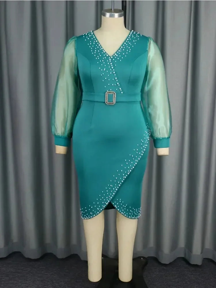 Luxury Red Evening Dress V-neck Bead Belt Mesh Lantern Long Sleeve Sexy Women's Party Classy Office Ladies Wedding Guest Gowns