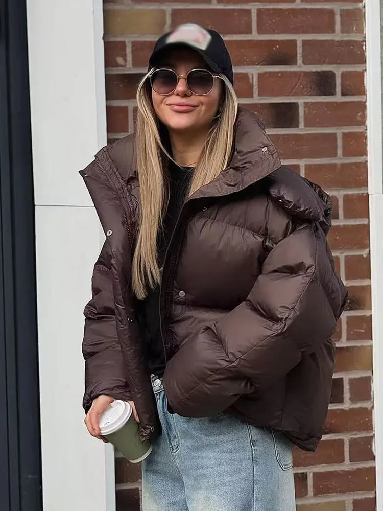 HH Female Winter Casual High Collar Warm Jackets Solid Hooded Long Sleeve Buttons Zipper Woman's New Fashion Loose Coats 2 Color