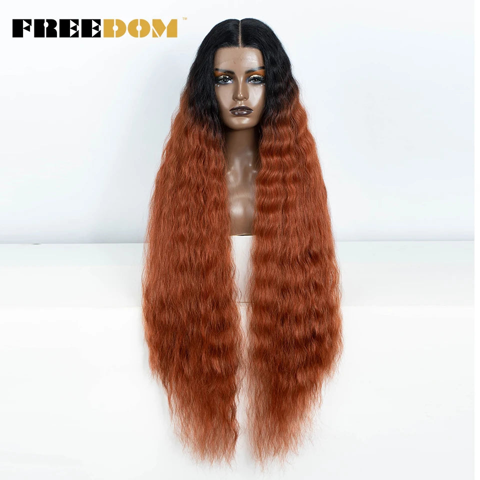FREEDOM Synthetic Lace Frontal Wig For Women 42 Inch Long Curly Lace Wigs Ombre Brown Highlight Ginger White Pink Cosplay Wig