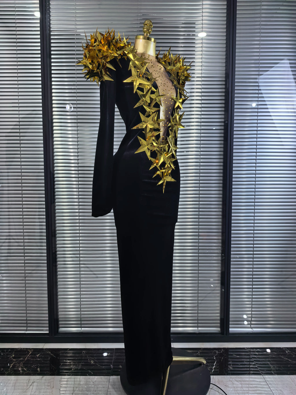 Black Color Women Long Sleeve Golden Stars Velvet Bodycon Long Dress Celebrate Fashion Evening Party Birthday Photo Shoot Wear