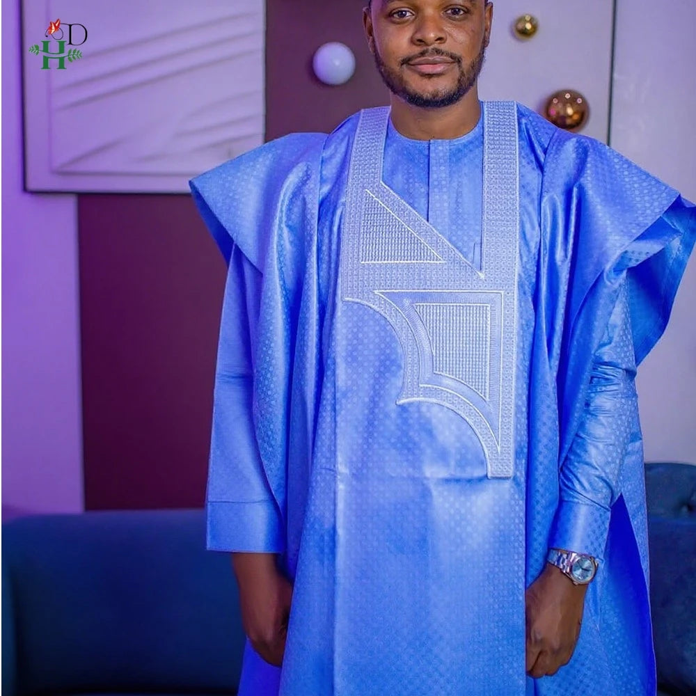 H&D African Clothes Embroidery Blue Gown Plus Size For Men Elegant Party Wedding Thobe 3 PC Top and Pants Suits Set Daily Wear