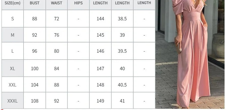 Casual Elegant Women's Summer Trendy Deep V-Neck Puff Sleeve Hollow Backless High Waist Jumpsuit Sexy Slim Pearl Button Belt