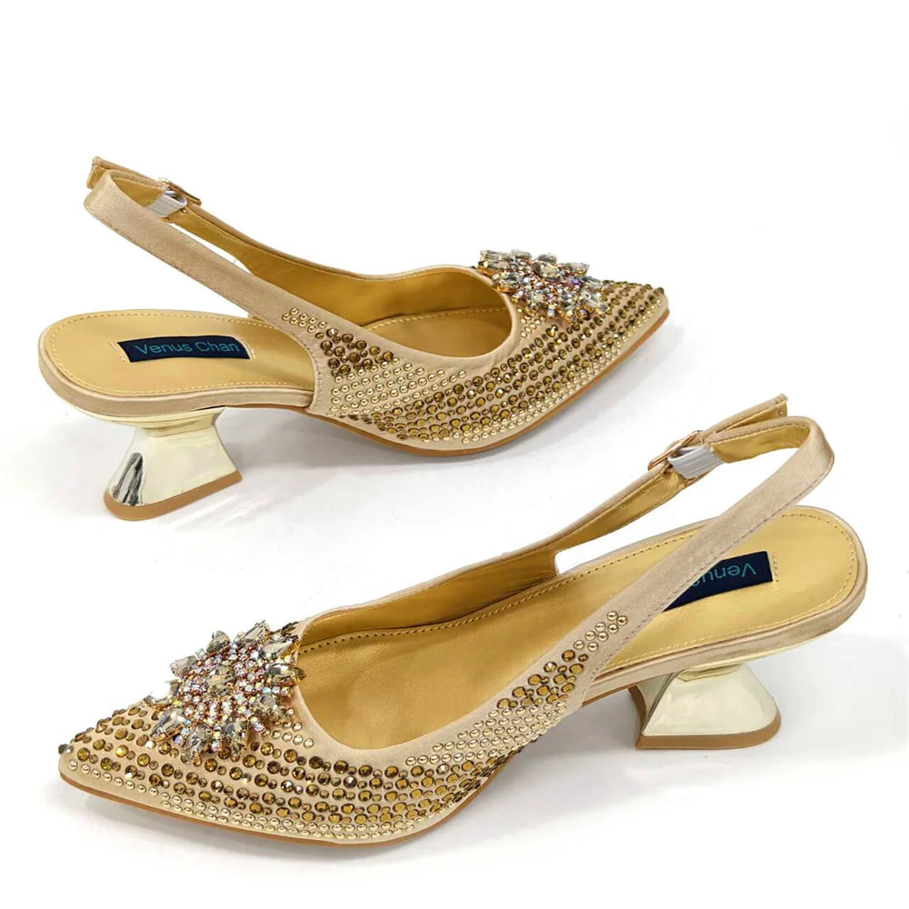 2024 New Designer Specials Italian Women Heels Shoes and Bag Set Royal Purple Color Comfortable With Rhinestone for Party