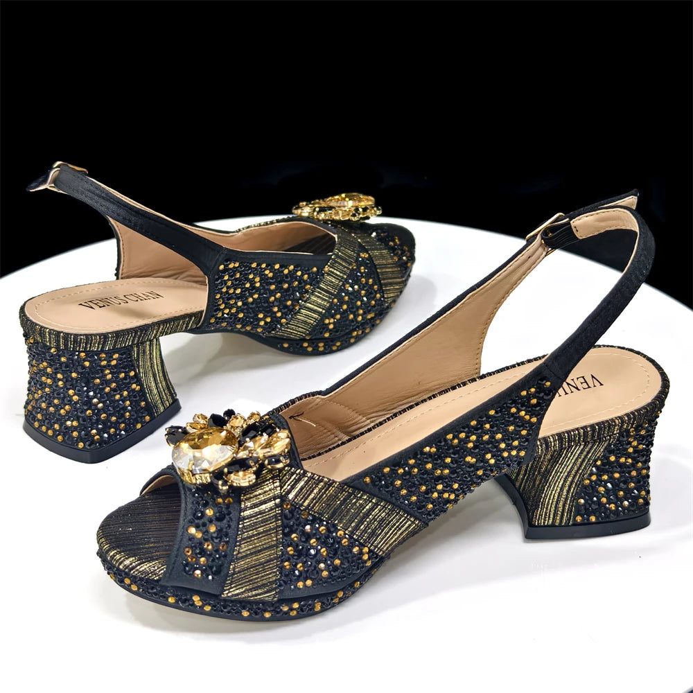 Venus Chan Elegant 2025 Gold Peep-Toe Heels with Diamond Accents - Italian Matching Pumps and Bag Set for Parties