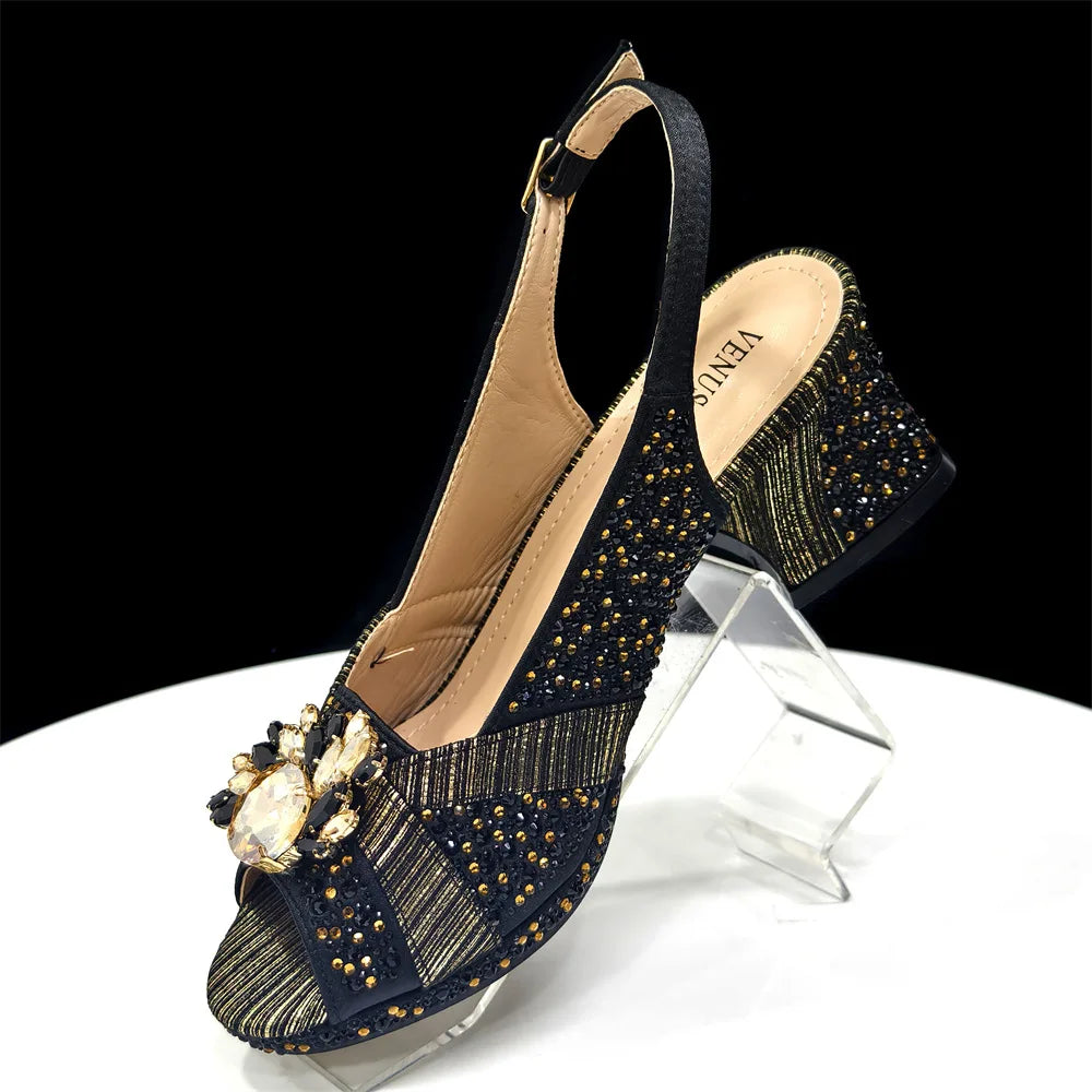 2025 Luxury Italian Women's Party Shoes & Handbag Set – Elegant Multicolor Rhinestone Peep-Toe High Heels Sandals for Weddings