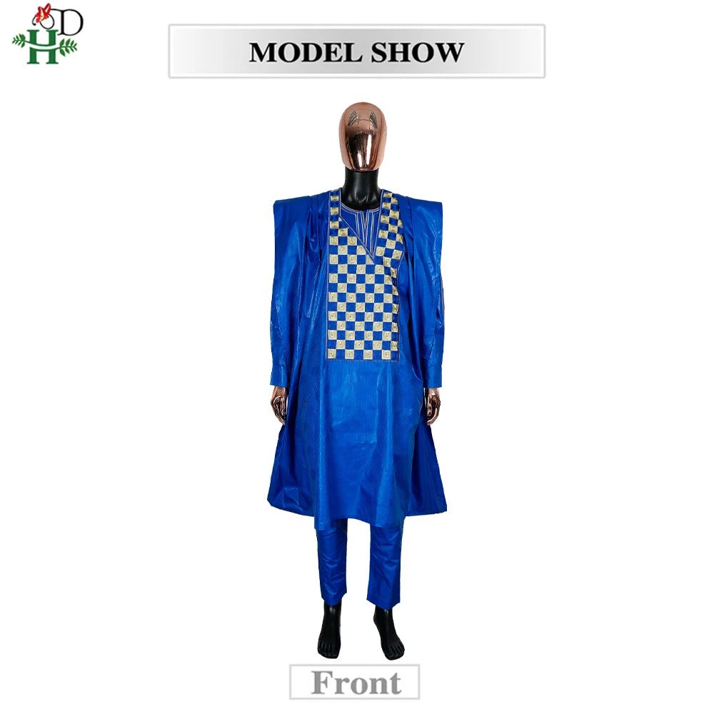 H&D African Clothing For Man Traditional Agbada Sets 3PCS Blue Bazin Riche Shirt Pant Embroidery Wedding Party Suits Plus Size