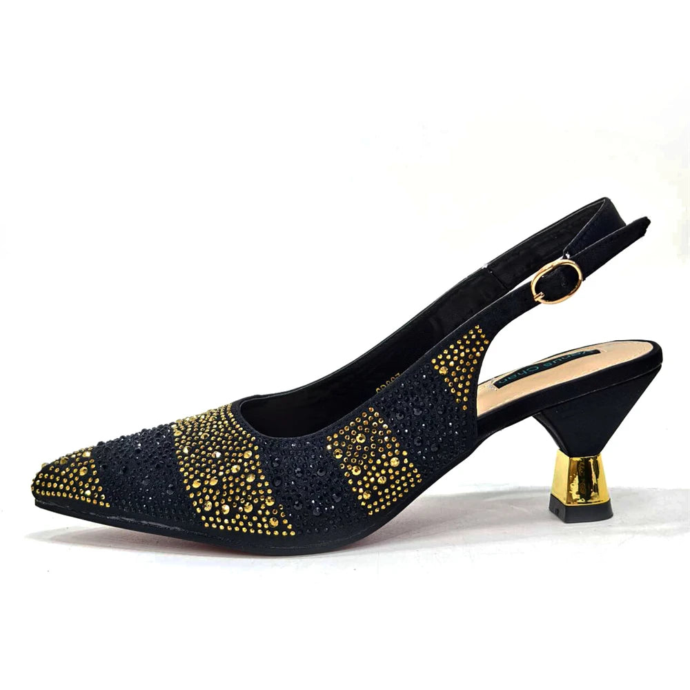 Venus Chan- Elegant High Heels Shoes and Bag Set for Women Pointed Toe Black Color Hollow Rhinestones Matching Bag INS 2024