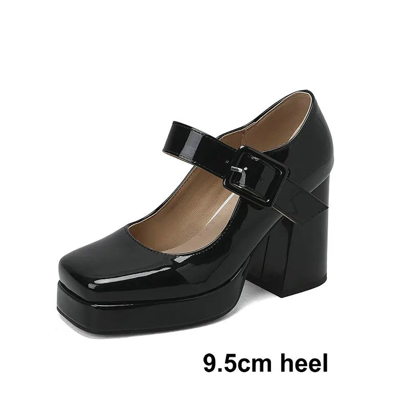 Size 33-48 Patent Shiny PU Leather Lady Office Pumps Wide Buckle Strap Platform Mary Janes Shoes Spring Fall Block Chunky Heels