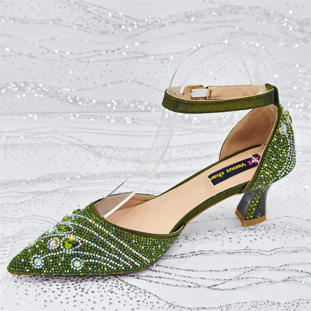 Elegant Italian Rhinestone Pointed-Toe High Heel Shoes with Matching Handbag Set - Stylish & Comfortable Women's Footwear