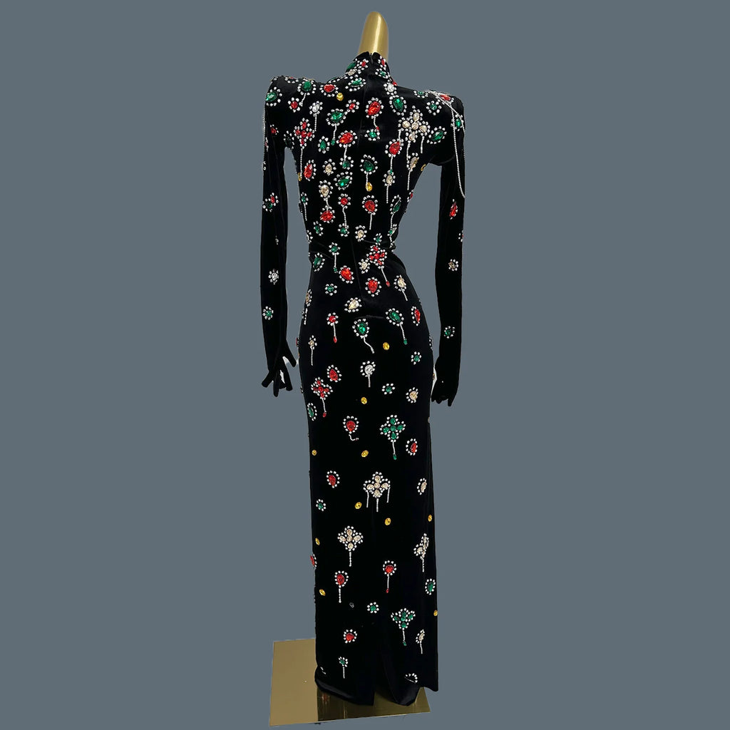 Luxury Colorful Rhinestones Prom Dress Gloves Sleeve Women Sexy Velvet Long Gowns Evening Birthday Party Costume Caihongtang