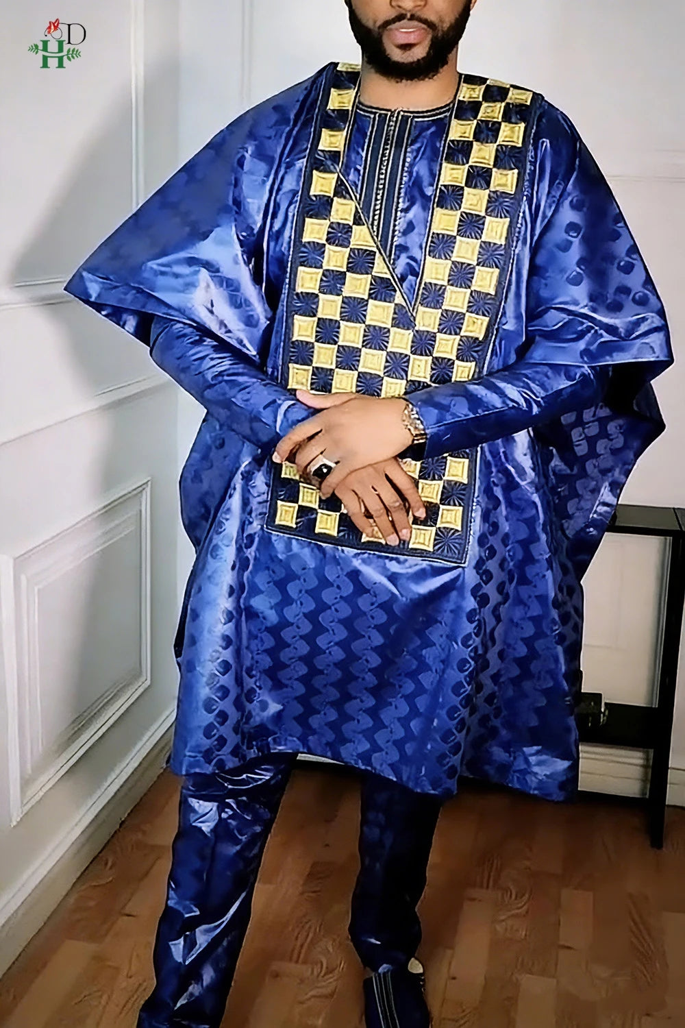 H&D African Clothing For Man Traditional Agbada Sets 3PCS Blue Bazin Riche Shirt Pant Embroidery Wedding Party Suits Plus Size