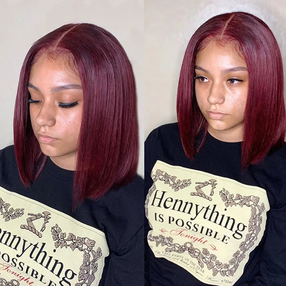 99J Burgundy Bob Wig Human Hair 14 Inch Preplucked Prebleached 13x4 HD Lace Front Wigs 200 Density Short Bob Straight Human Hair