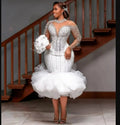 Customized High Collar  Sparkly Crystals Beads Short Wedding Dress  Vestidos De Novia Tiers Full Sleeves  Bridal Gowns