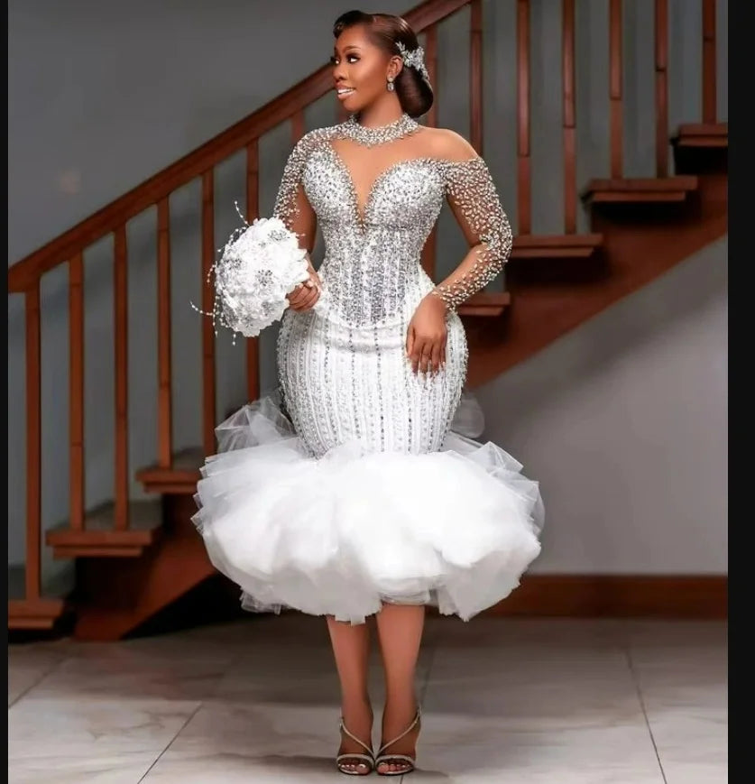 Customized High Collar  Sparkly Crystals Beads Short Wedding Dress  Vestidos De Novia Tiers Full Sleeves  Bridal Gowns