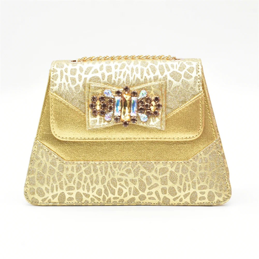 New Arrival Shoes and Bags To Match Set Nigeria Party Luxury Gold Color Wedding Italian Shoes Bag Set Decorated with Rhinestone